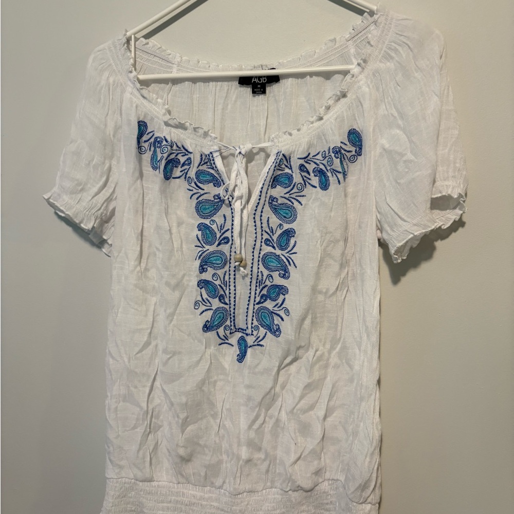 ALO Yoga White Blouse with Blue Embroidery